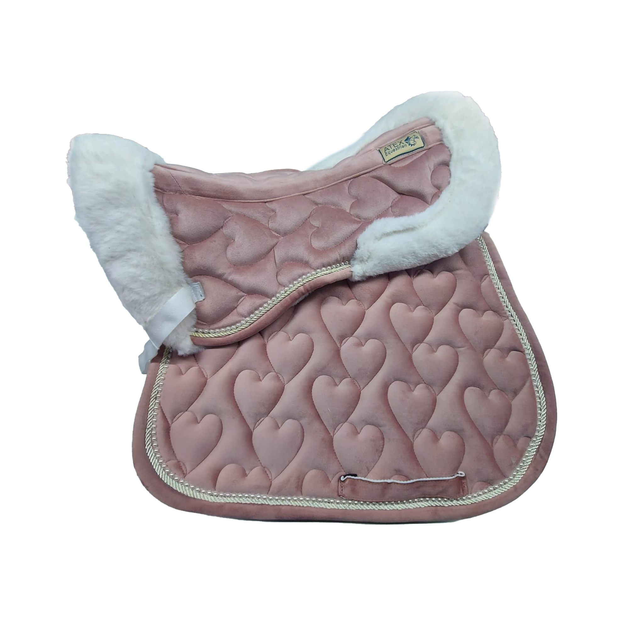 Eyer Altı ve Peluş Set, Kalp Desenli Pembe İpek Kadife Eyer Altı Peluş Set